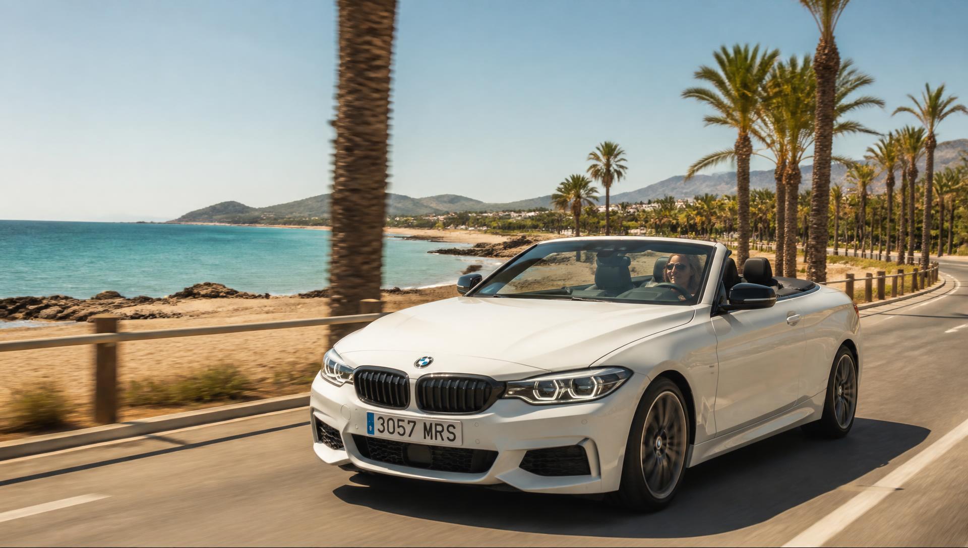 Coche convertible en la carretera de la Costa de Almería con el mar al fondo